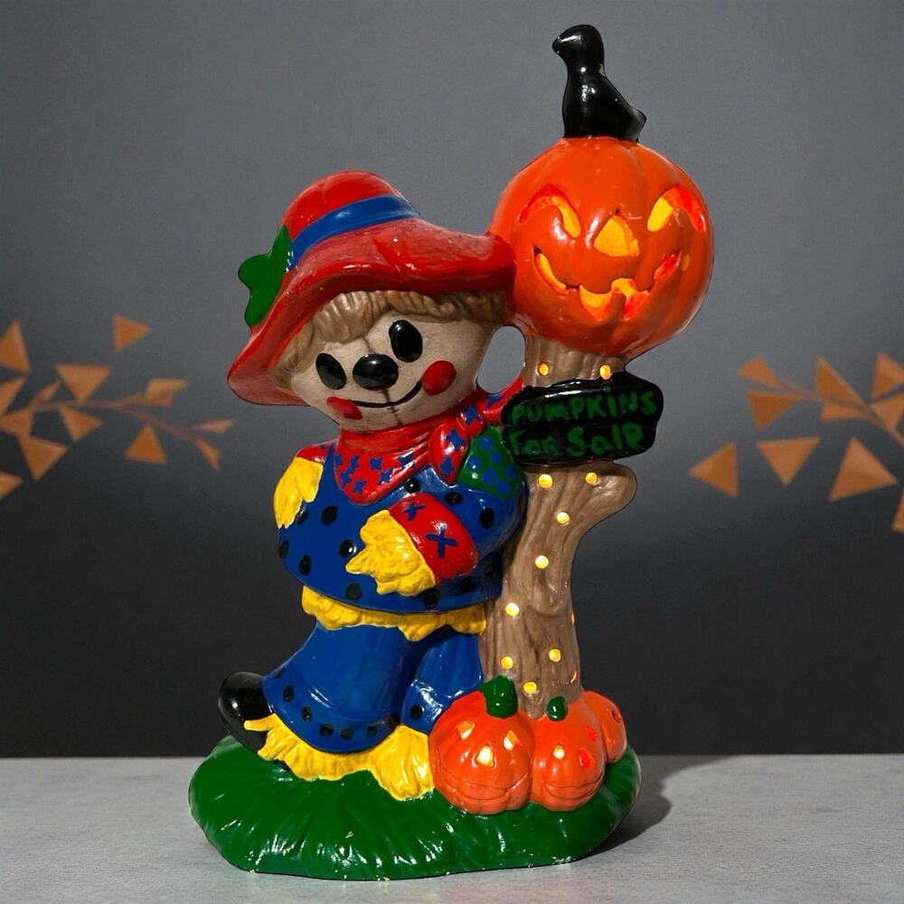 Vintage 80s Ceramic Halloween Scarecrow Light Up Jack O Lantern Lamp Retro
